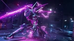 Spectre with purple glowing lights with a futuristic purple energy katana with purple glowing particles glowing off him and purple energy Ep...