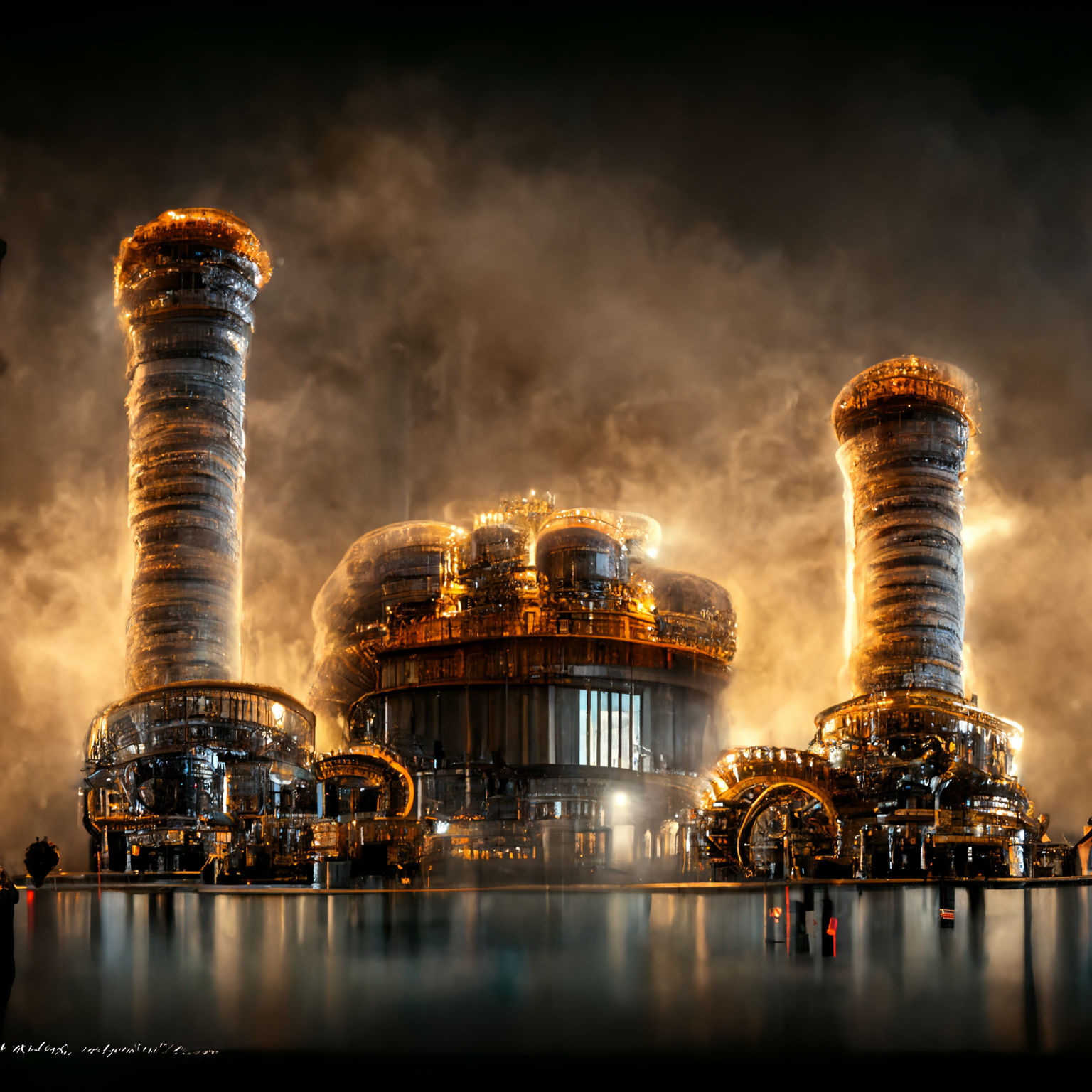 futuristic steampunk power plant, mammoth reactor, steam everywhere, highly detailed futuristic power plant, 4k cinema, 32k resolution, masterpiece landscape. --uplight