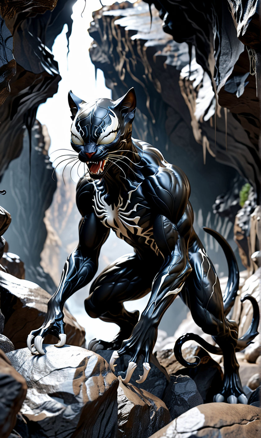 A 3D render of a Venom-Black Cat hybrid character. The character has the body of a black cat with white paws and a Venom symbiote on its bac...