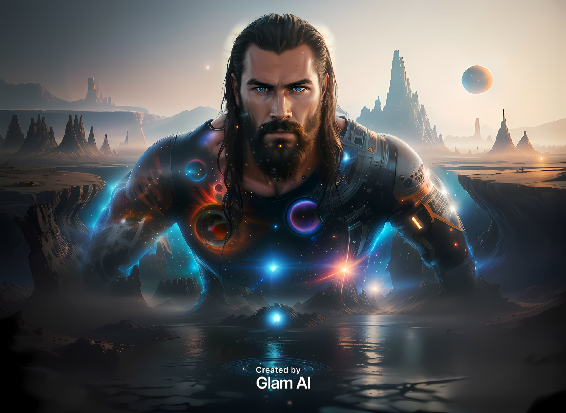 Lords Zar rises from the ocean 
With the city in the background. He is Lord of the vulcrons.