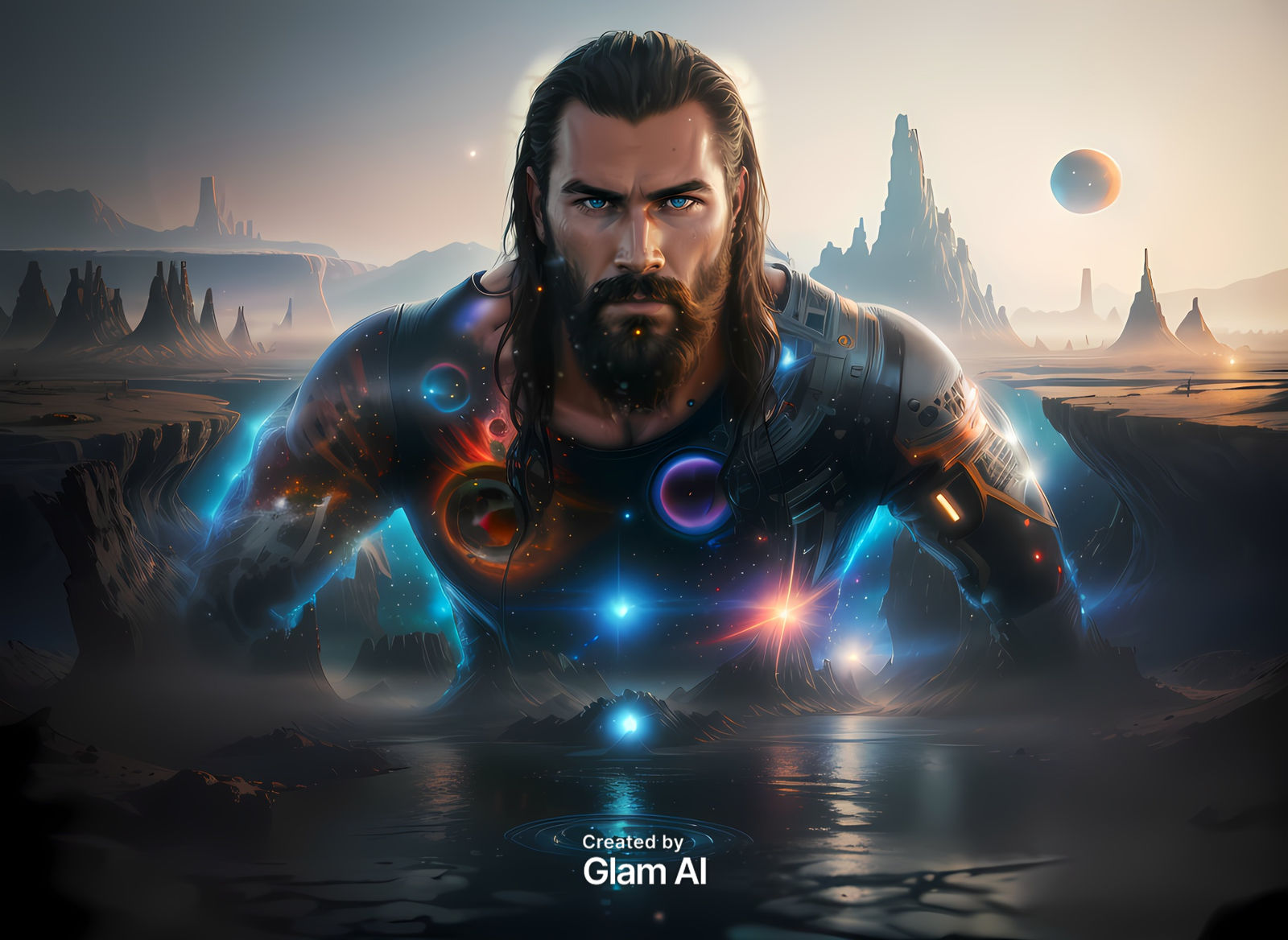 Lords Zar rises from the ocean
With the city in the background. He is Lord of the vulcrons.