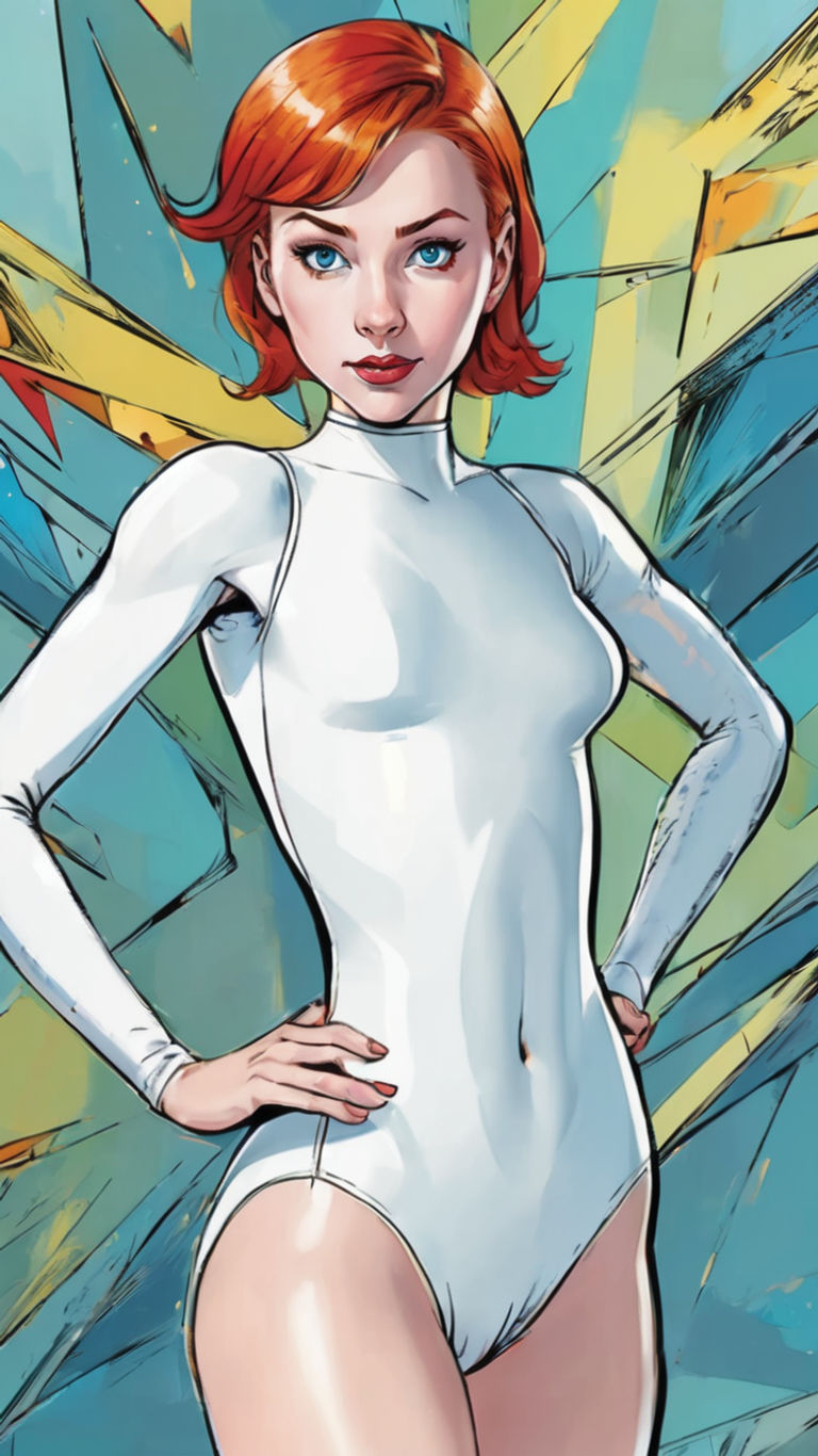 Young redhead woman short hair blue eyes wearing white leotard standing front view full body picture looking at the viewer