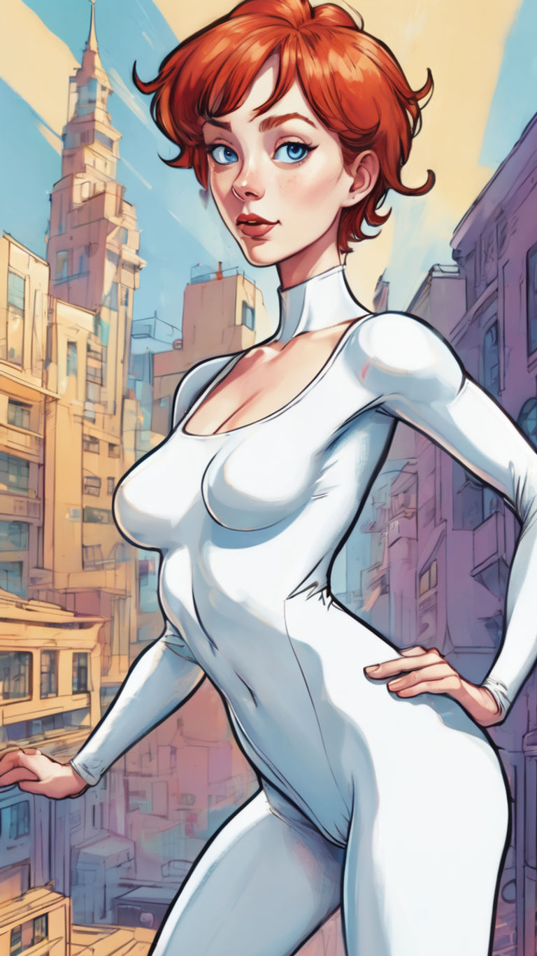 Young redhead woman short hair blue eyes smiling wearing white leotard standing front view full body picture looking at the viewer 