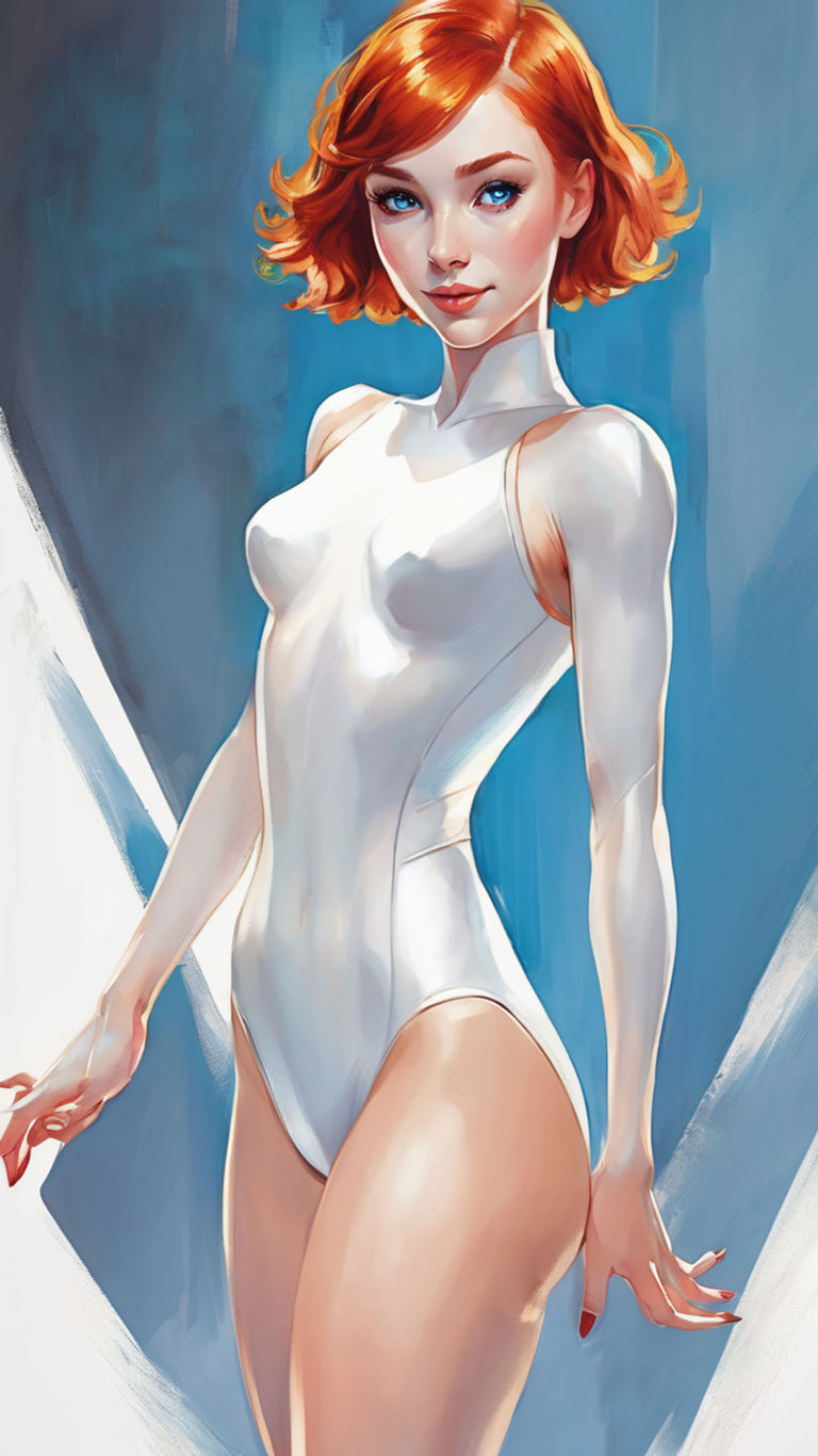 Short hair Redhead woman wearing white leotard standing in a white backstage frontal full body picture looking to the viewer