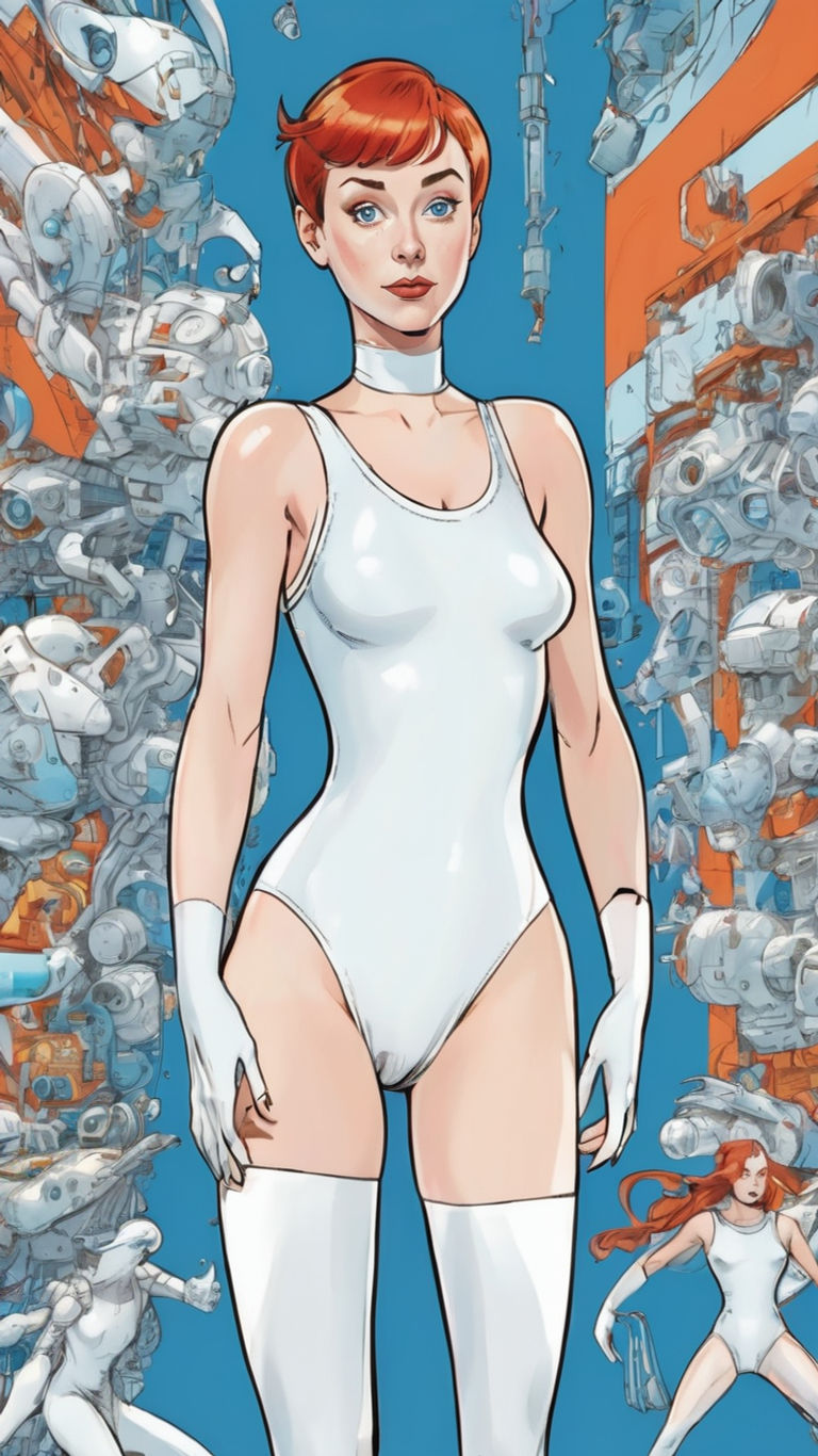 Young redhead woman wearing white leotard standing front view full body picture looking at the viewer