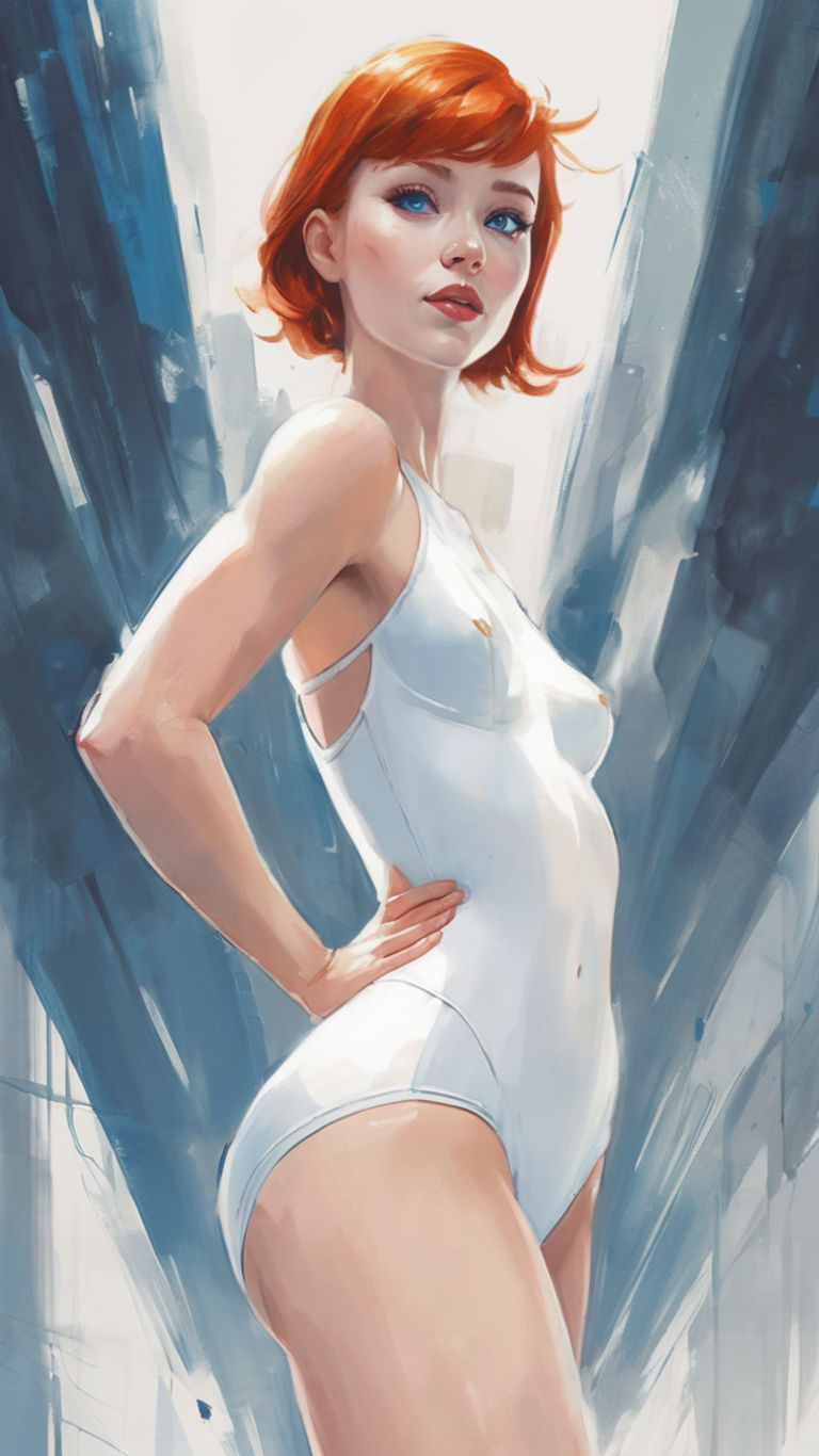Young redhead woman with short hair and Blue eyes wearing a white swimsuit standing front view looking at the viewer 