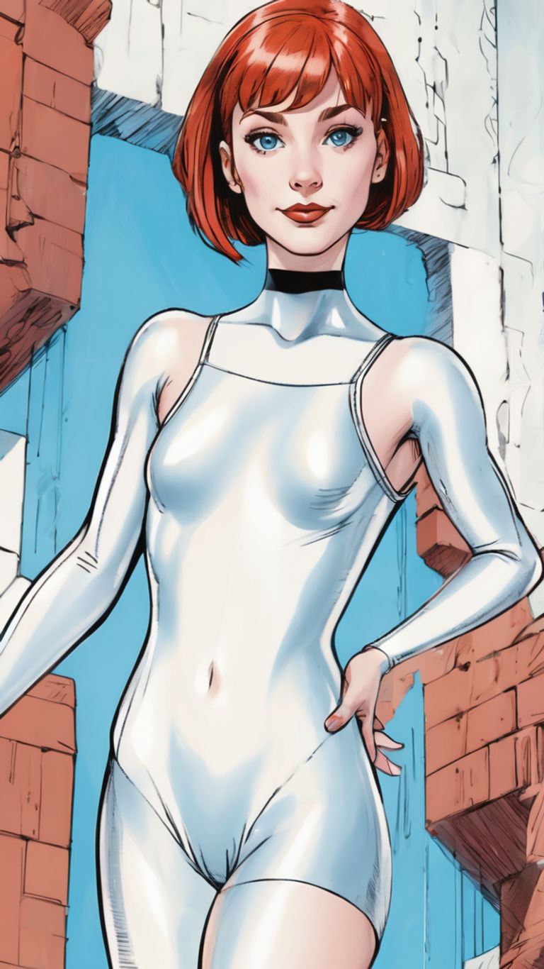 Young redhead woman short hair blue eyes wearing white leotard standing front view full body picture looking at the viewer