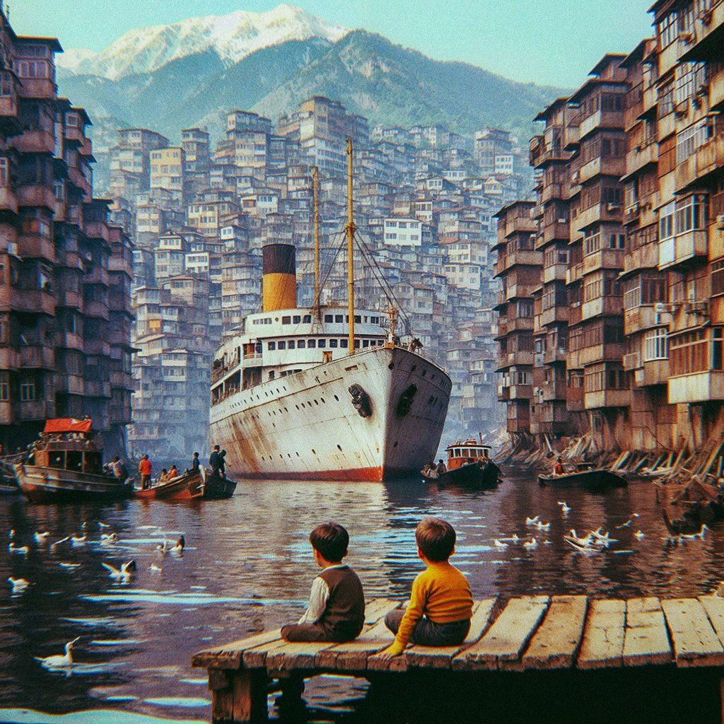 Foto a little lighter ship is sailing between the streets and the kids are looking to the ship, detailed matte painting, deep color, fantast...