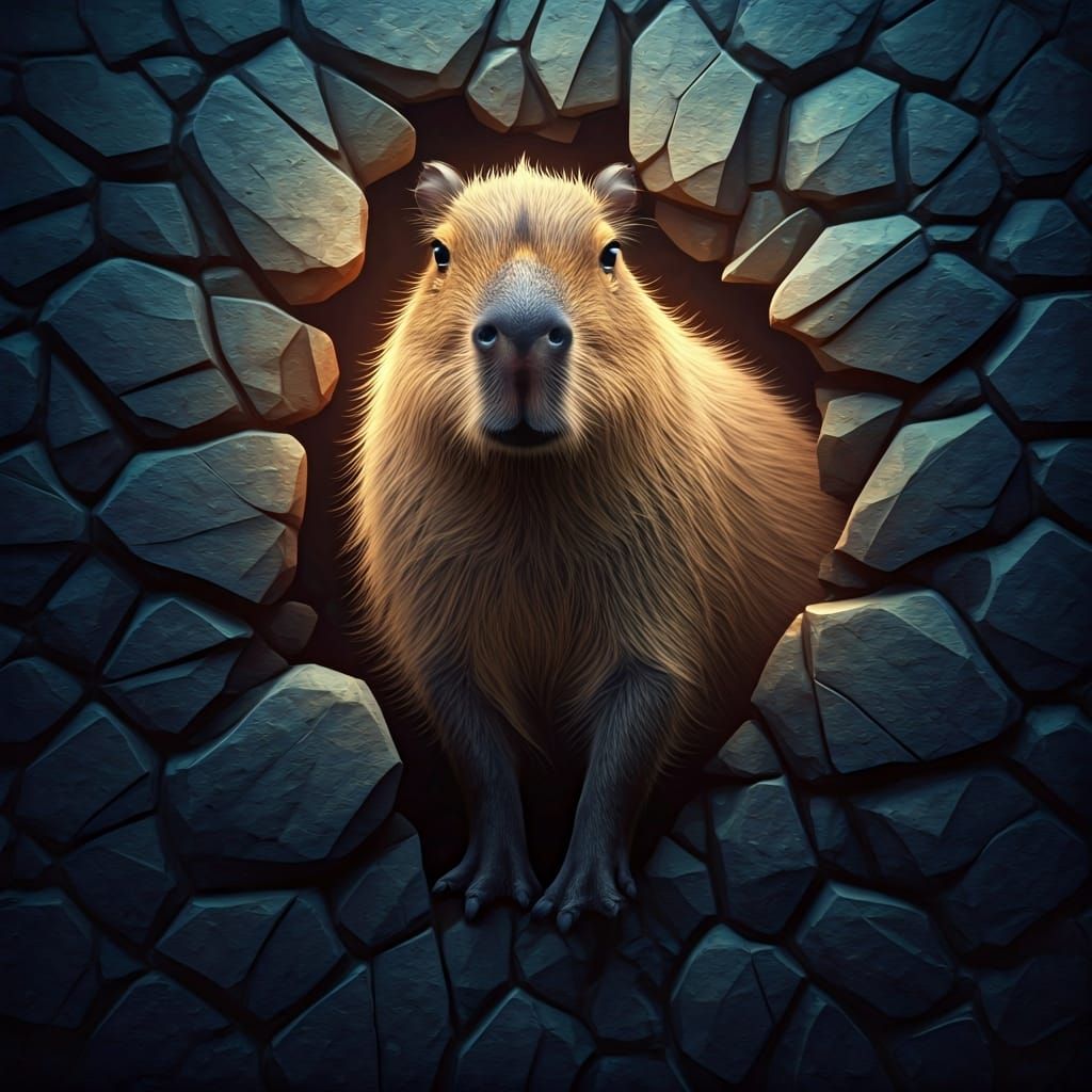 a capybara walks through the hole on the stone wall and looks around curiously