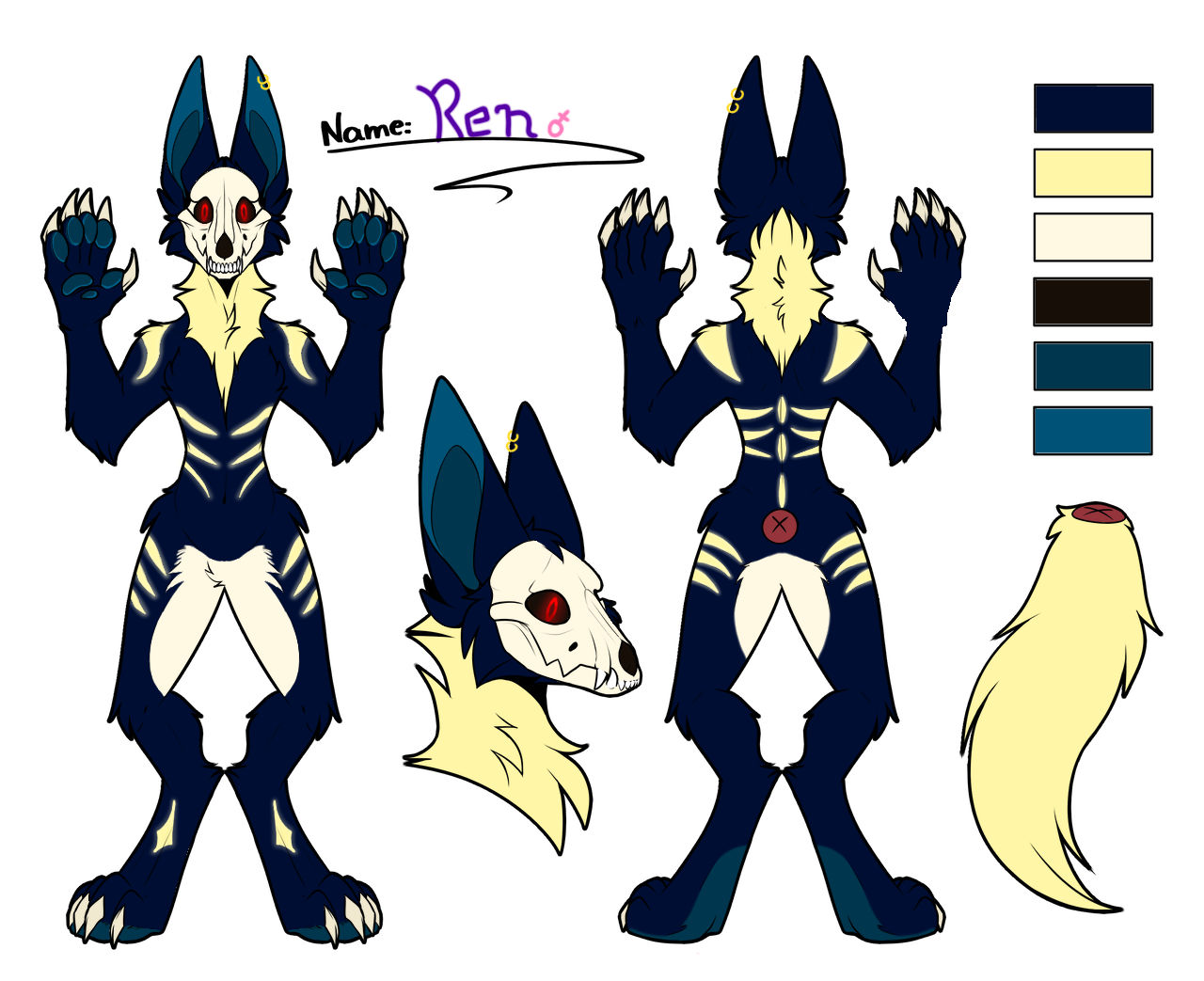 A female midnight blue skull dog OC