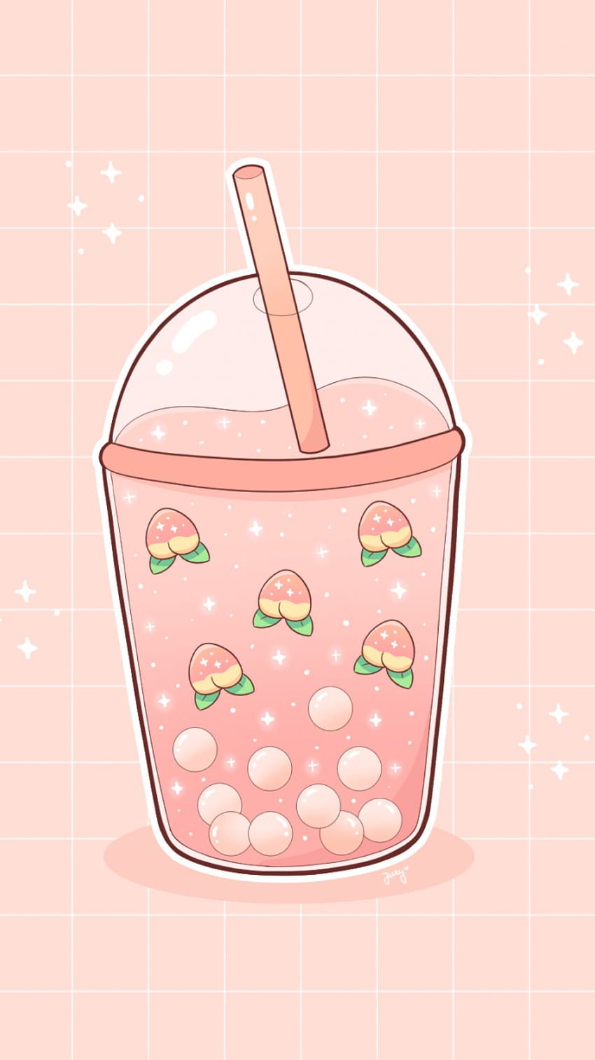 <lora:Night Sparkle:1.0> peach boba drink on table kawaii mini hello kitty in drink. drink in anime kawaii style. anime style peaches, anime...