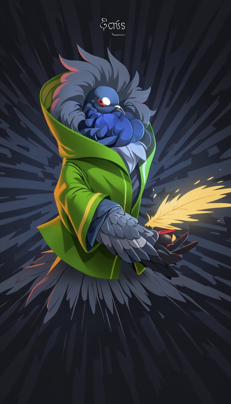 Pigeon Luma with a supper, fluffy, soft looking neck feathers. Dark base feathers, with a colorful sheen to it's feathers. Wearing a white a...