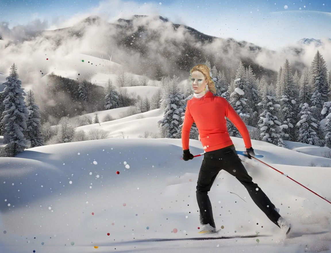 A cross country skier with a determined stance, silhouetted against a dramatic sky. Moody lighting, deep blues. Atmospheric, dark, painterly...