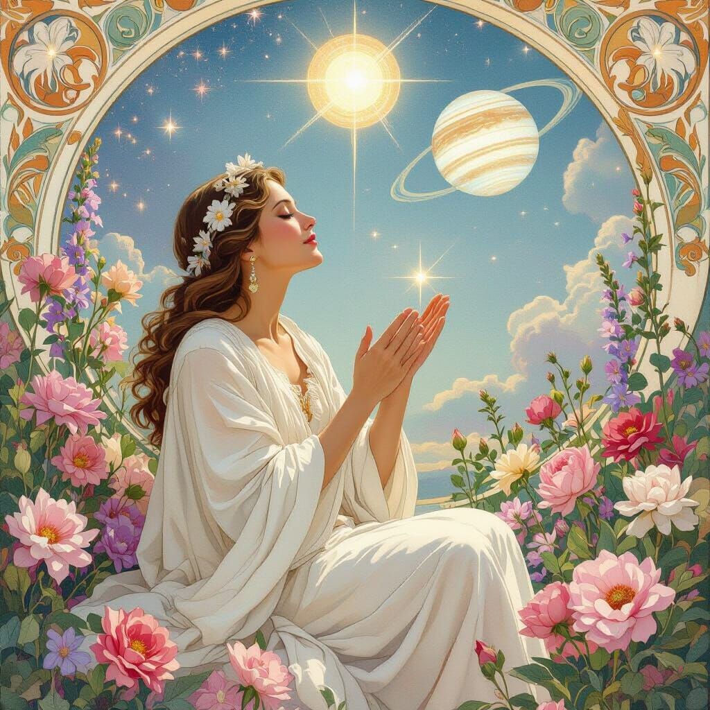 Venus , jupiter and the star sirius in the sky with a middle aged woman being blessed by the energy and the gifts of the cosmos in pastels ,...