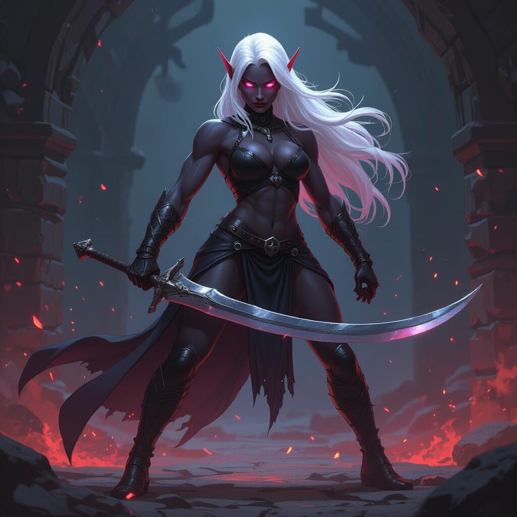 Muscle-bound black skined female  drow with white hair and pink eyes