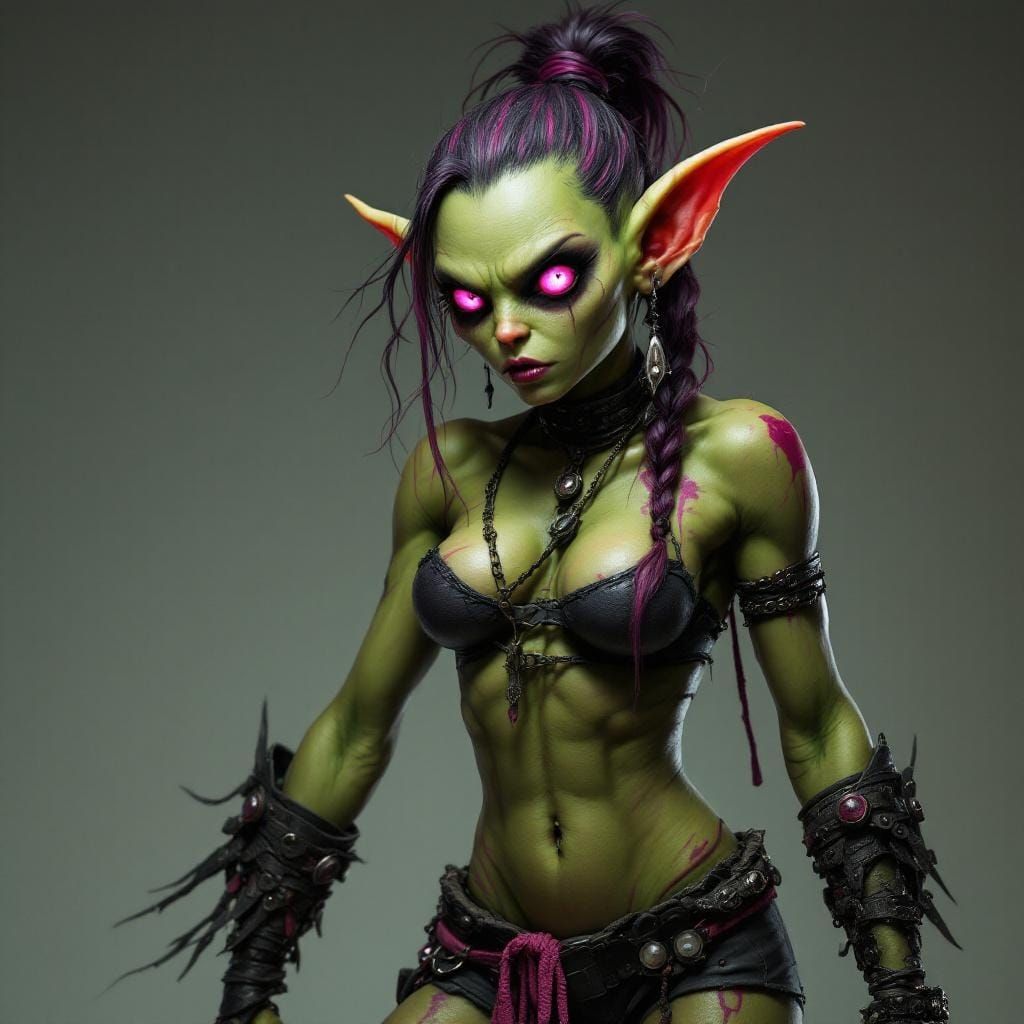 Muscle-bound black skined female  drow with white hair and pink eyes