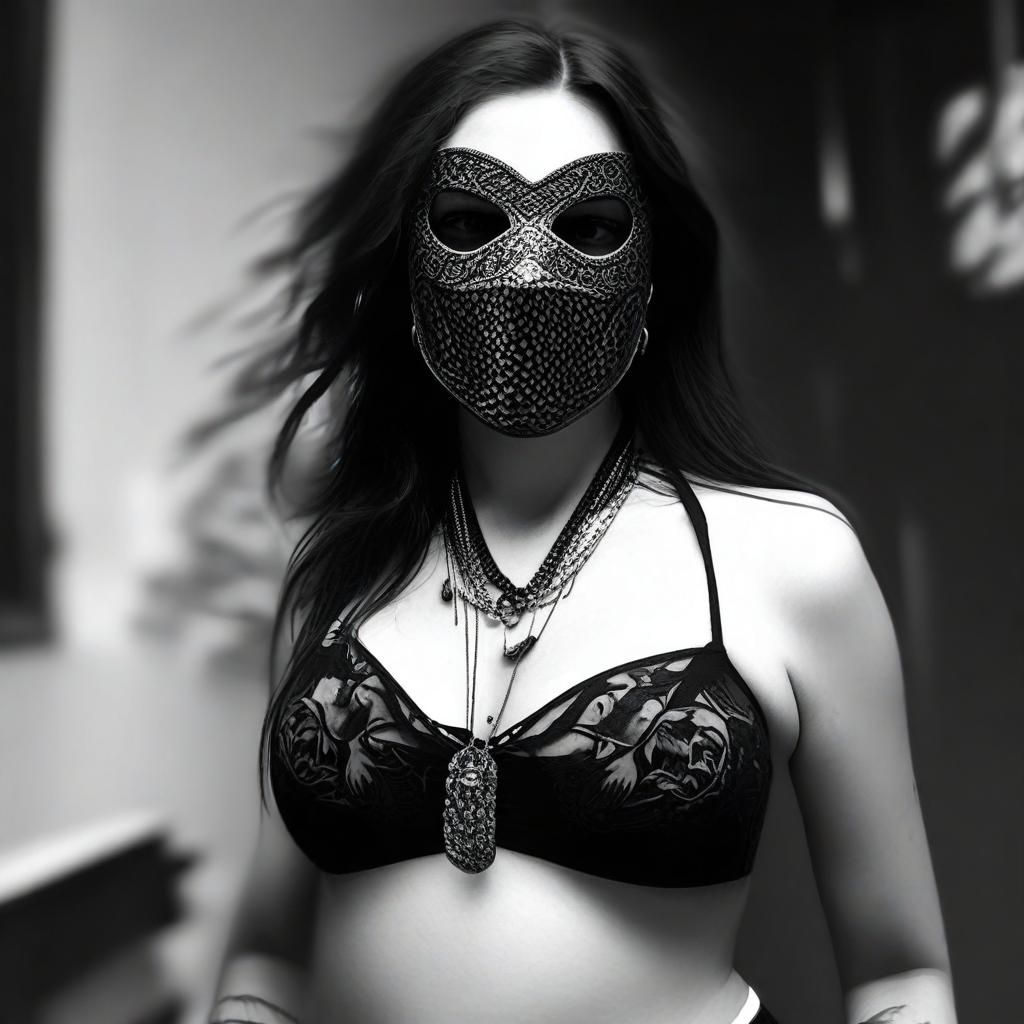 Gangsta woman, in a mask, bra, black and white, Please make it unique, clean, simple, tattoo design