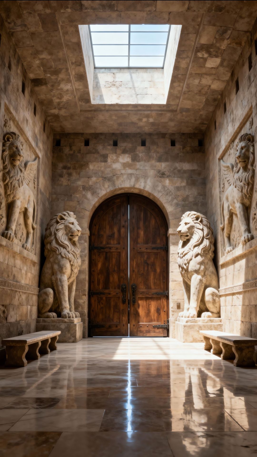 (High Angle Wide Shot:1.4), (Private Inner Courtyard Garden:1.5), (Ancient Persian Atrium:1.4), (Small rectangular water pool in center:1.3)... - Start Image 1