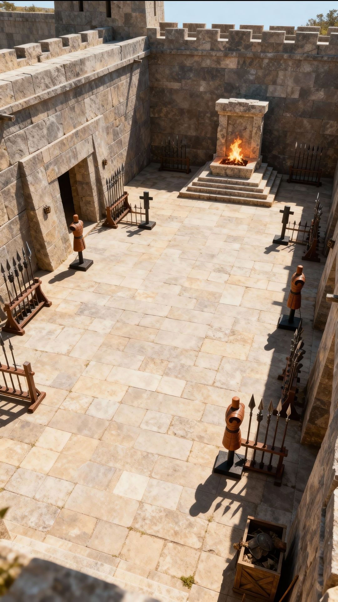 (High Angle Wide Shot:1.4), (Private Inner Courtyard Garden:1.5), (Ancient Persian Atrium:1.4), (Small rectangular water pool in center:1.3)... - Start Image 2