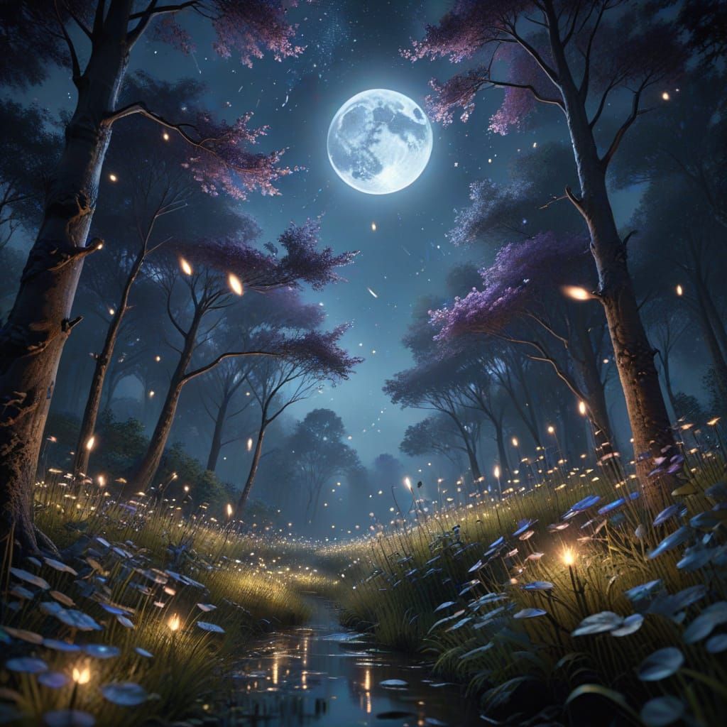 a hyper realistic digital video of fireflys glowing in the night sky above a serene forrest under a full moon. The scene...