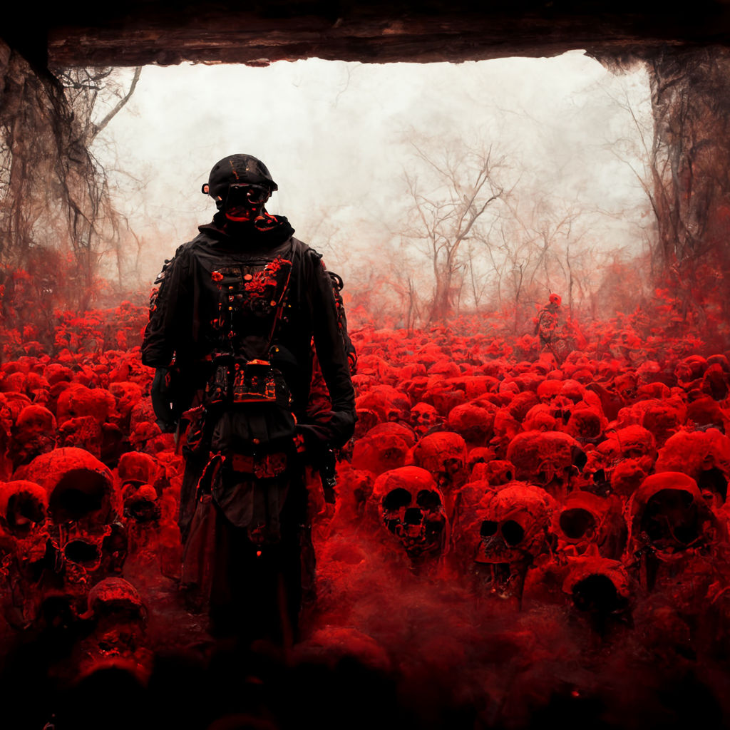 Soldier walking down the bloodied path to the gates of hell