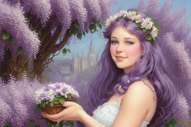 she wears lilacs in her hair, and picks roses and picks daisies surrounded by large piles of fluffy cream cheese by artist "Ralph Horsley