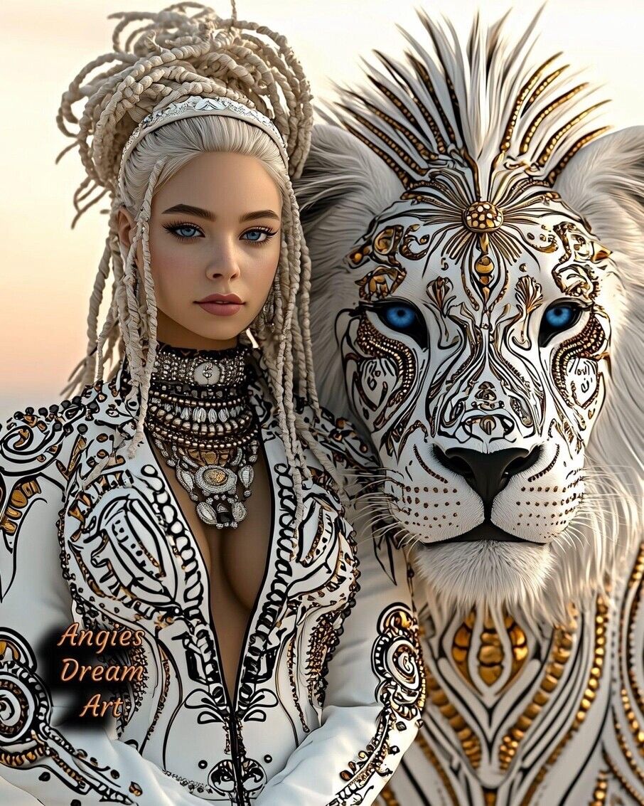 Divine beautiful delicate svelte warrior princess with long flowing white curly hair and green eyes standing beside white lion