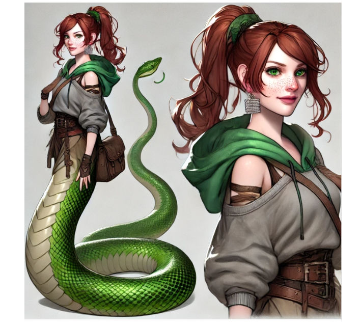 A fantasy character resembling a Yuan-Ti, a half-human, half-serpent being. The character has the upper body of a young woman with a strong ...