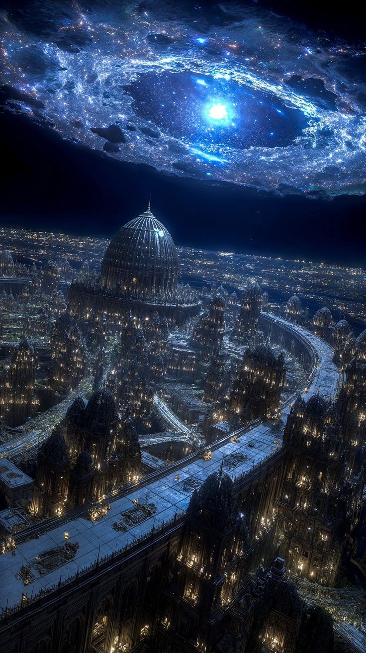 Vast futuristic megacity at night, illuminated with millions of tiny golden lights, featuring enormous cathedral-like structures with intric...