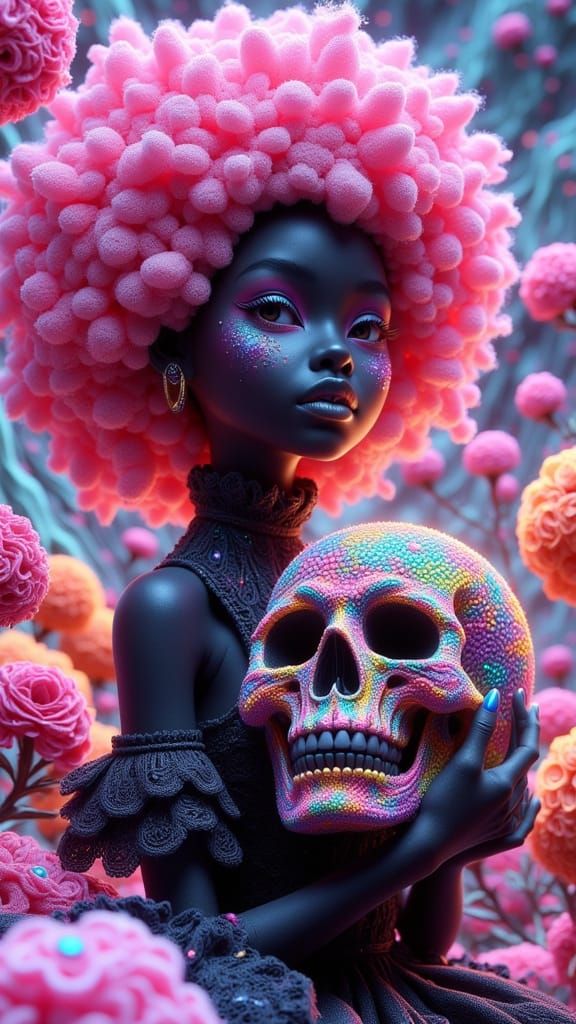 girl turning her head and smiling and showing her skull to the camera