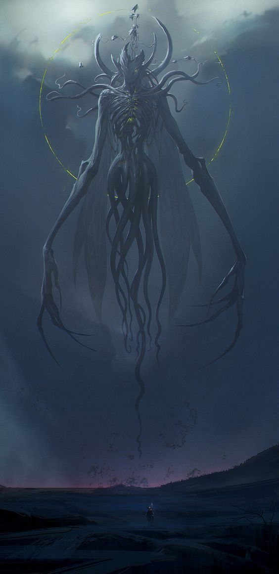 Dans cette image sombre et mystique, un être imposant, d'un autre monde, plane de manière menaçante au-dessus d'un paysage désolé et ombragé...