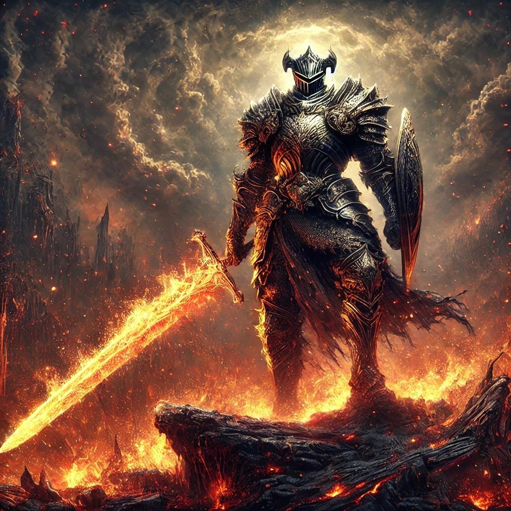 <lora:Macabre:1.0>An armored knight warrior stands amidst a fiery landscape, his figure exuding power and resilience. He wears an ethereal,...