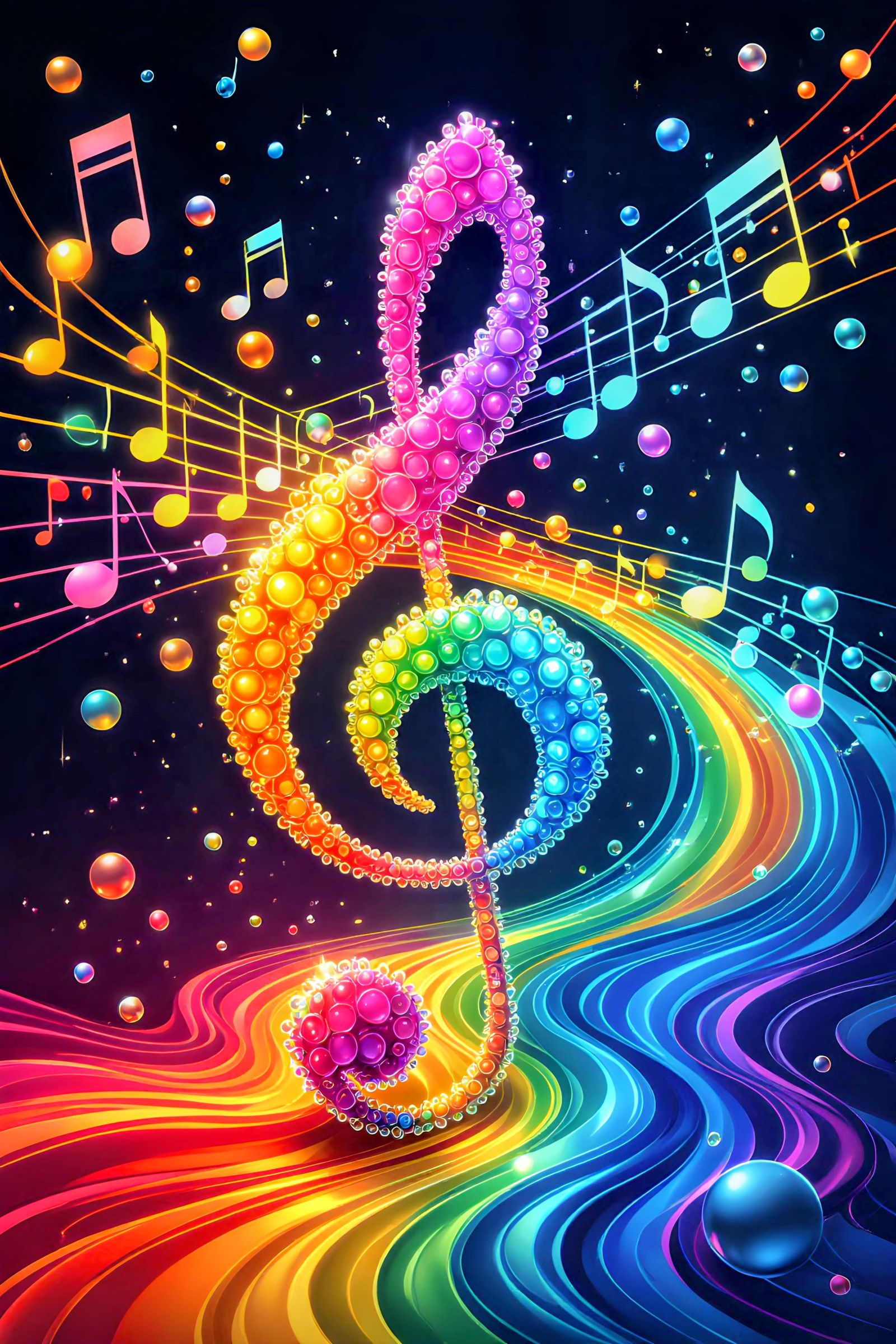 Abstract music art, vertical orientation. An intensely luminous, hyper-saturated rainbow treble clef made of sparkling g...