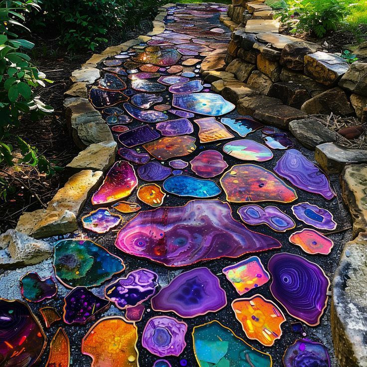 <lora:Abstract Reality:1.0> A garden path made from large, flat, polished agate slices. The agate slices are in various vibrant colors like ...
