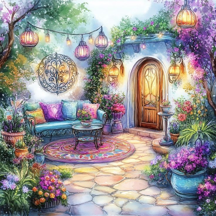 A whimsical and vibrant watercolor illustration of a bohemian outdoor patio, featuring a comfortable turquoise sofa with colorful pillows, a...