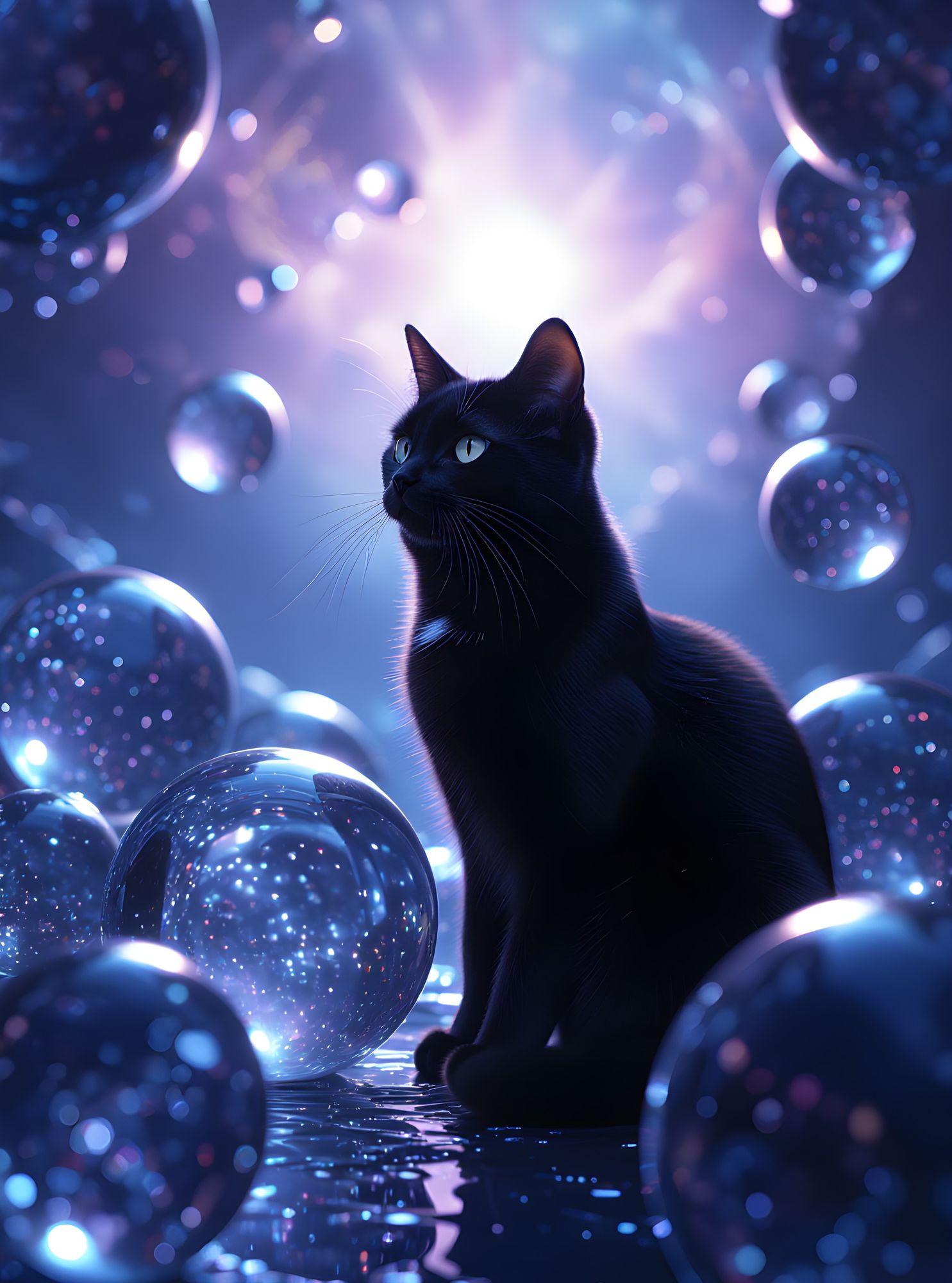 Digital matte painting. Medium shot. A black cat sits amongst glass spheres. Cinematic film still. Mysterious, glossy textures. Intricate, f...