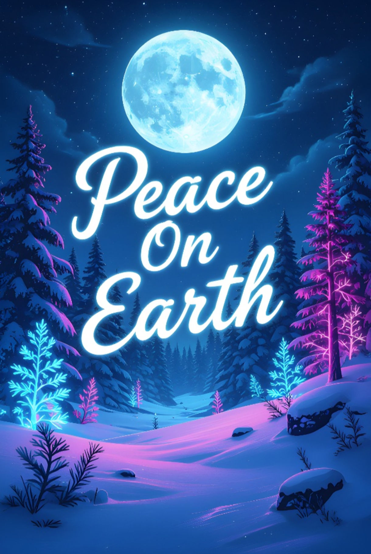 A peaceful forest path at night, illuminated by a brilliant blue moon, with trees subtly glowing with bioluminescent light. text in cursive ...