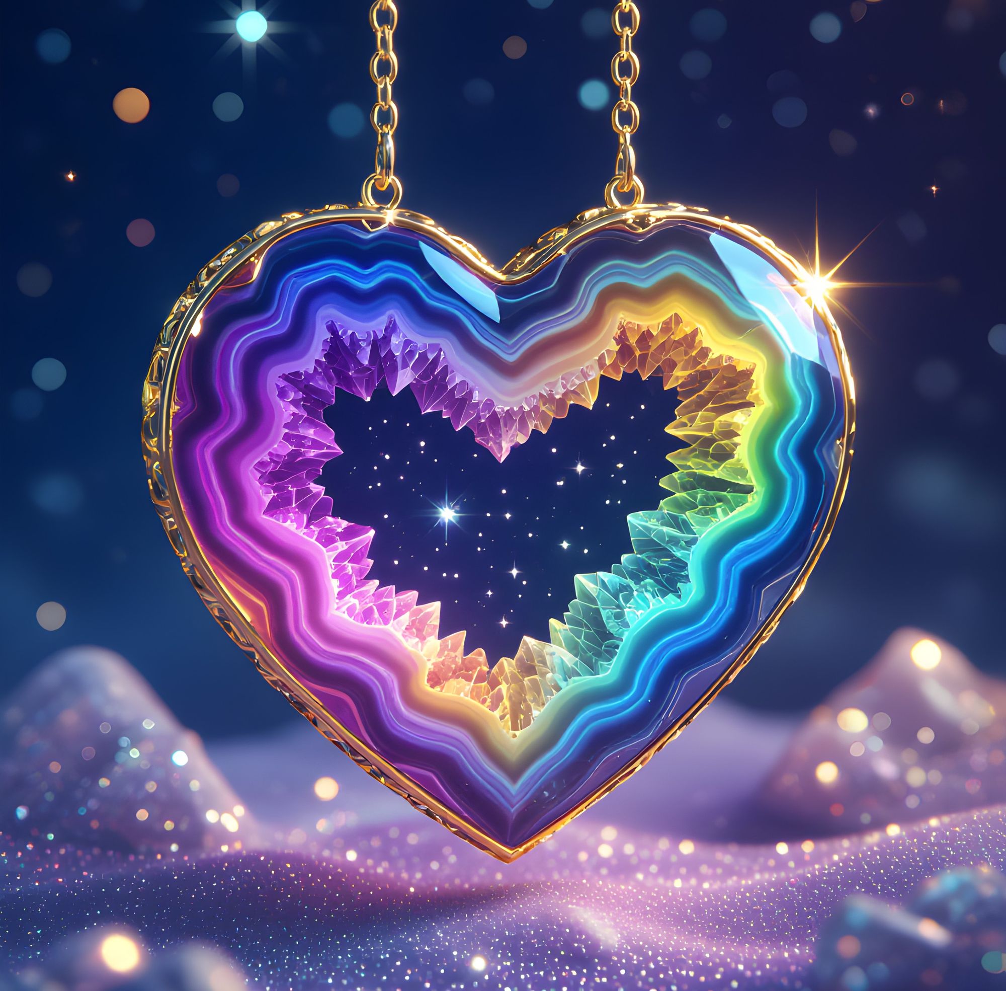 concept art. medium shot. A heart-shaped geode pendant with crystal interior hangs on gold chains. cosmic blue background with light orbs a...