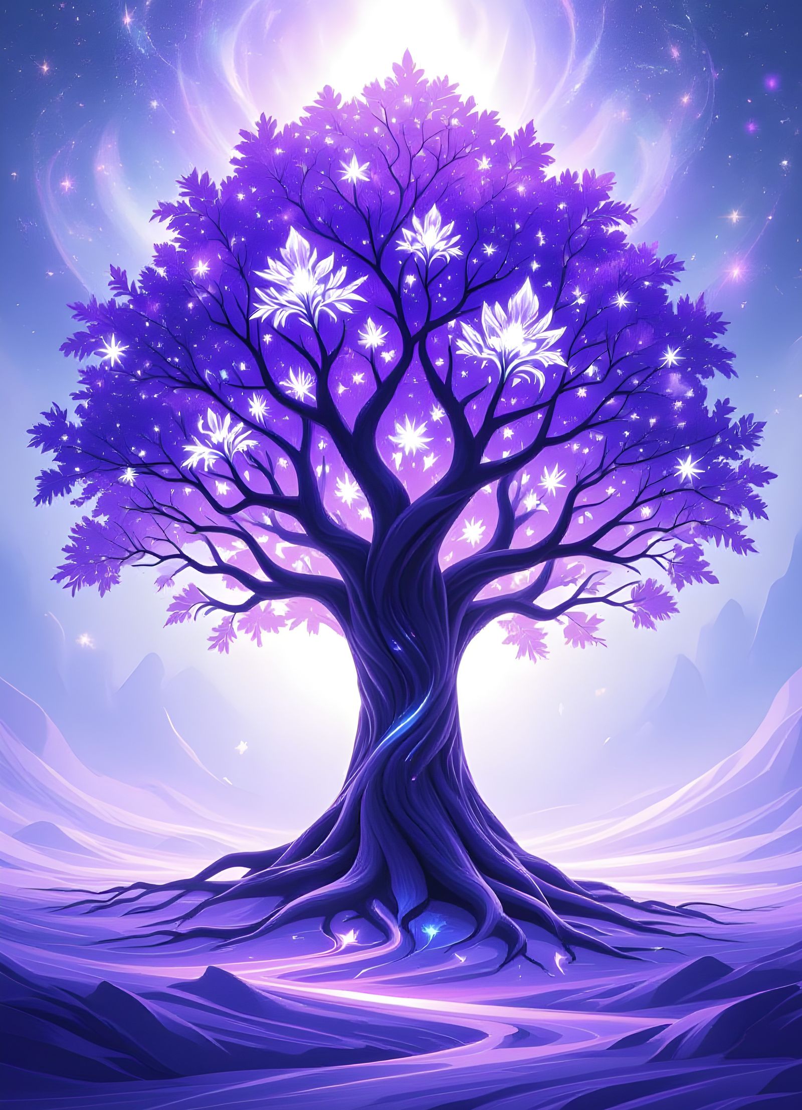 majestic, ancient Tree of Life with vibrant purple leaves and trunk. The central focus is a mesmerizing, constant, slow ...