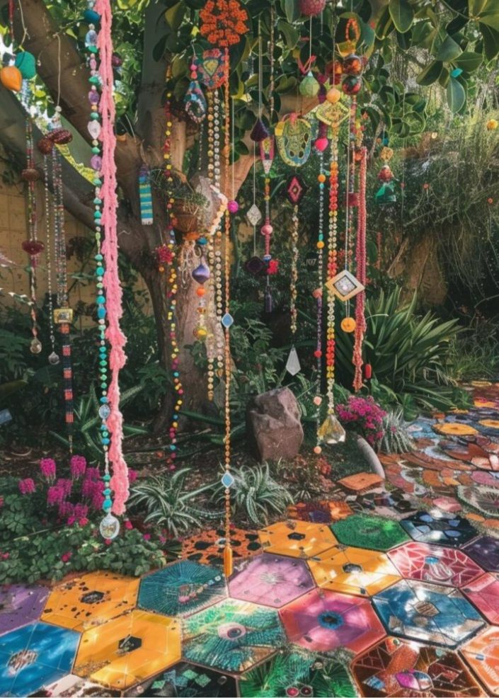 whimsical bohemian garden path made of hexagonal tiles with colorful mandala designs, surrounded by lush greenery, with strings of beads, co...