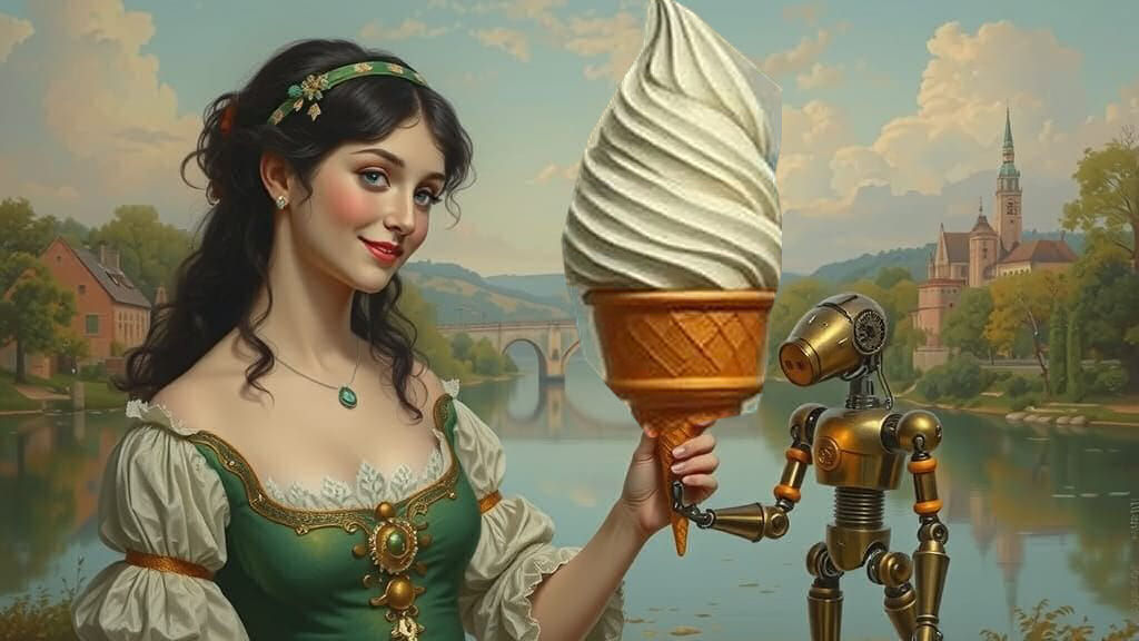 smiling georgian era woman. by lakeside. 19th century town in background. a small brass robot is giving her a huge ice cream cone.