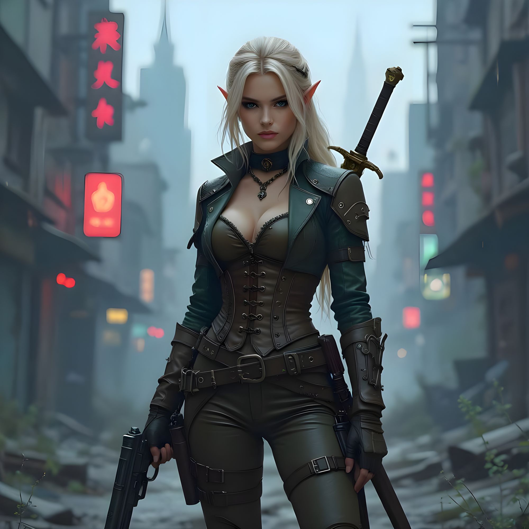<lora:Alius:1.0> A female elven ranger, viewed from the front or at a slight angle, with blonde hair, an elven sword on her hip, wearing onl...