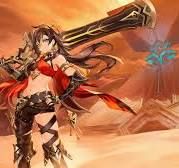 anime style female character holding a fancy greatsword and with cat ears; and cats between golden sand