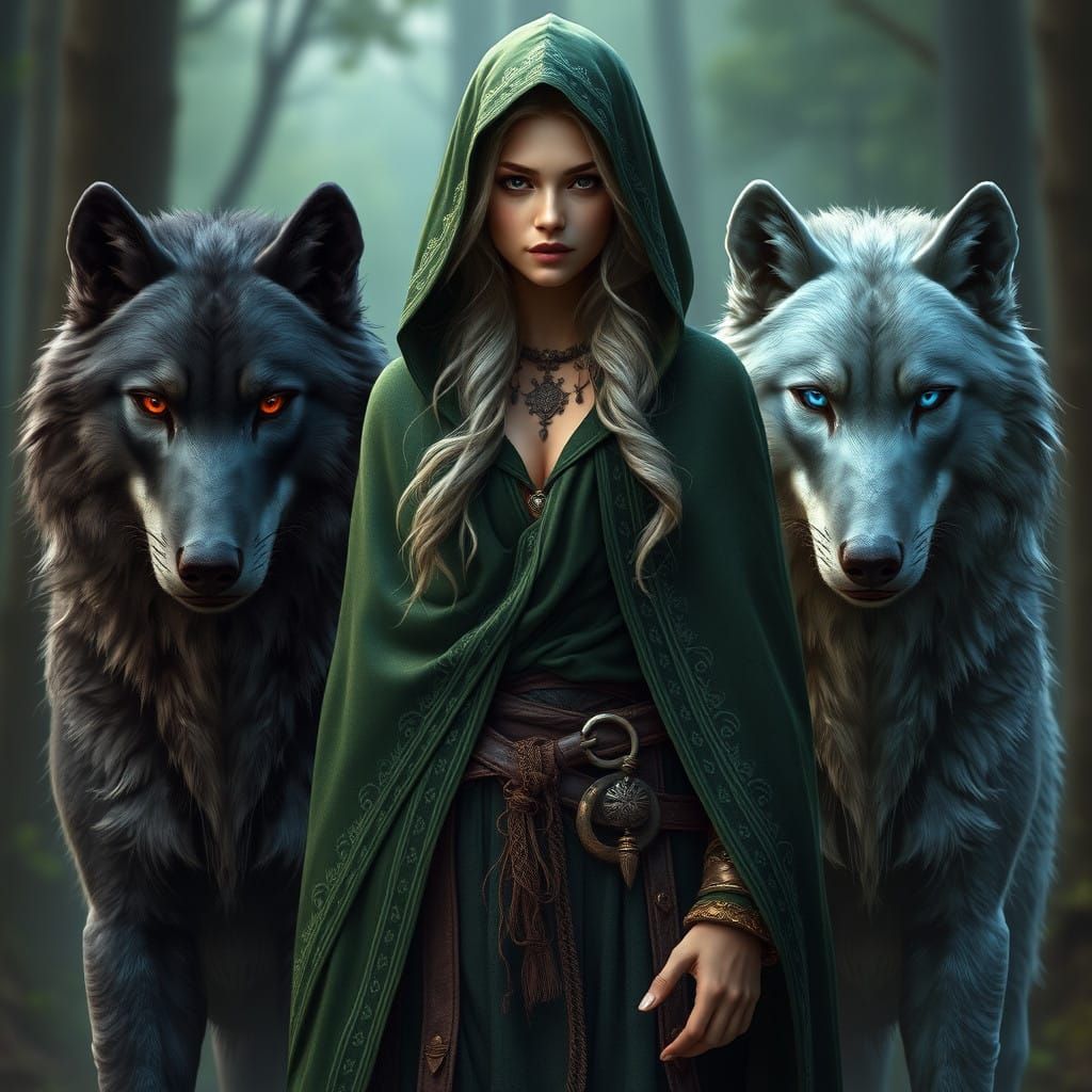The wolves come up in front of the woman for protection