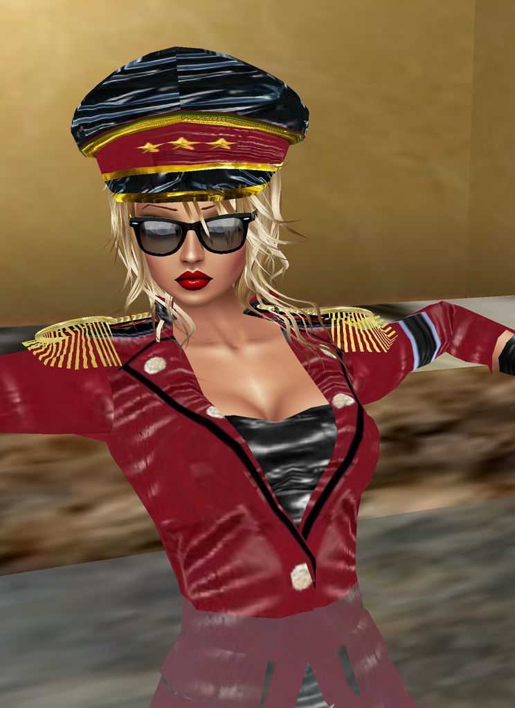 photo-realistic image of a tall glamorous woman in a jacuzzi wearing dripping wet red military uniform with cap and wet hair and red lipstic...