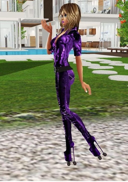 Photo-realistic image of a tall glamorous woman with red lipstick and  wet blond hair wearing wet purple blouse, wet purple jeans, purple kn...