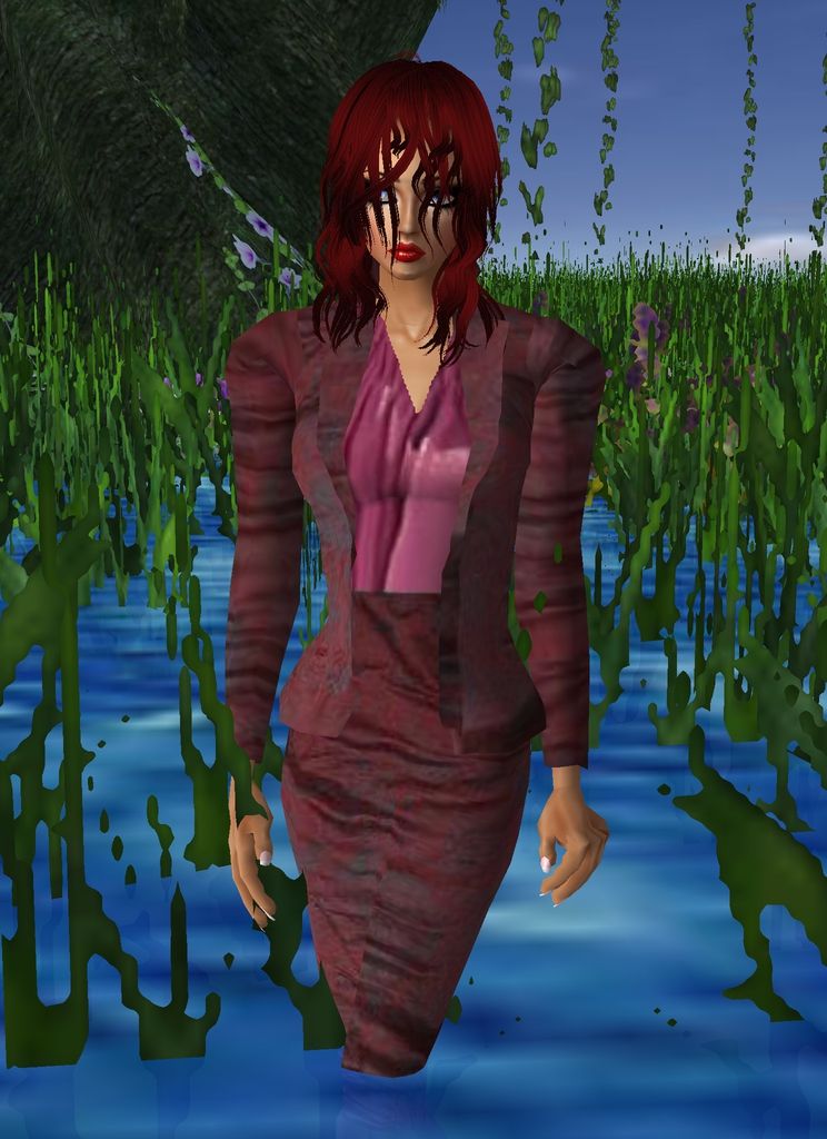 photo-realistic image of tall glamorous woman walking through  a swamp wearing dripping wet business suit and short blond wet hair  and red...