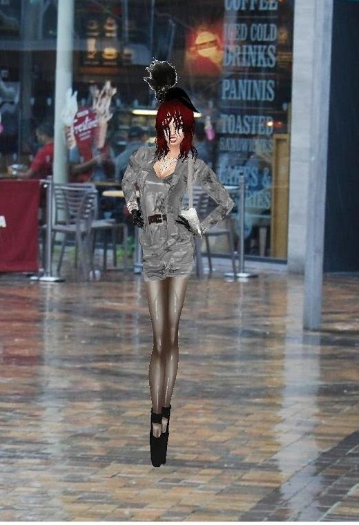 Photo-realistic image of  tall glamorous woman with red lipstick and  wet auburn hair wearing wet patterned skirt suit, hat , gloves, handba...