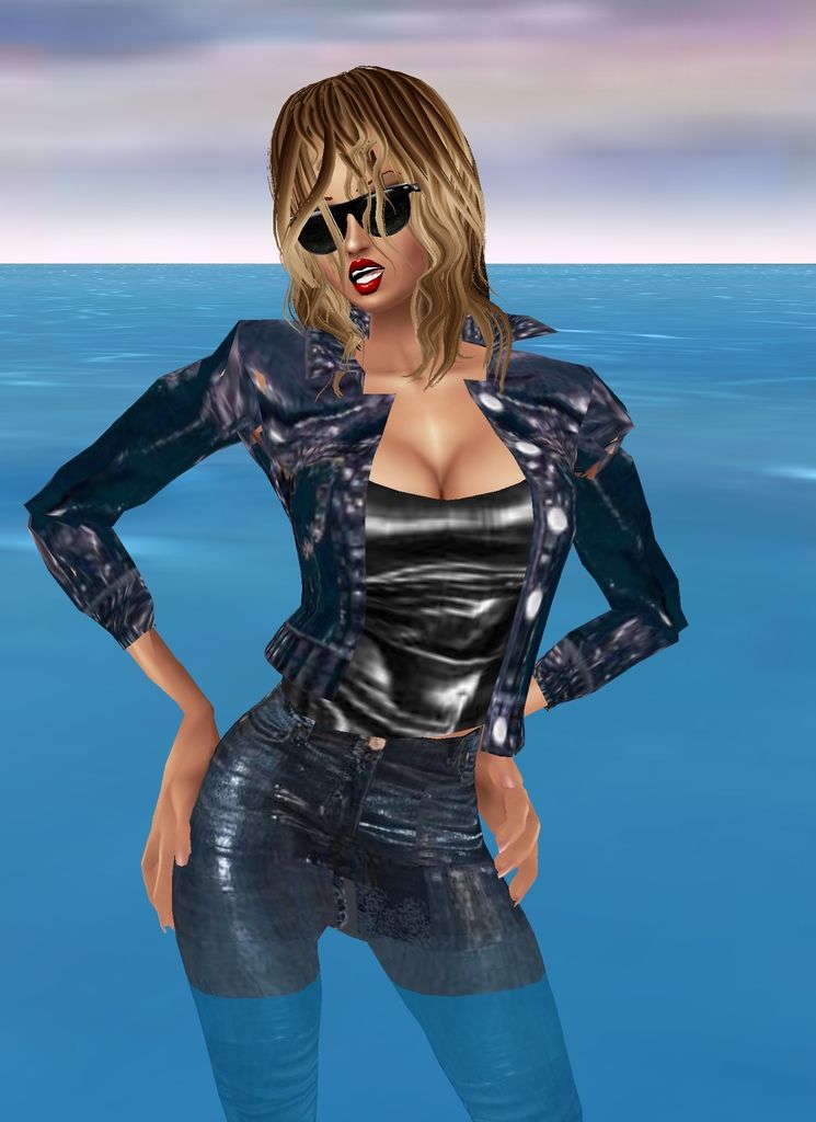 photo-realistic image of tall glamorous woman in the sea wearing dripping wet blue denim jacket with wet jeans and short blond wet hair  and...