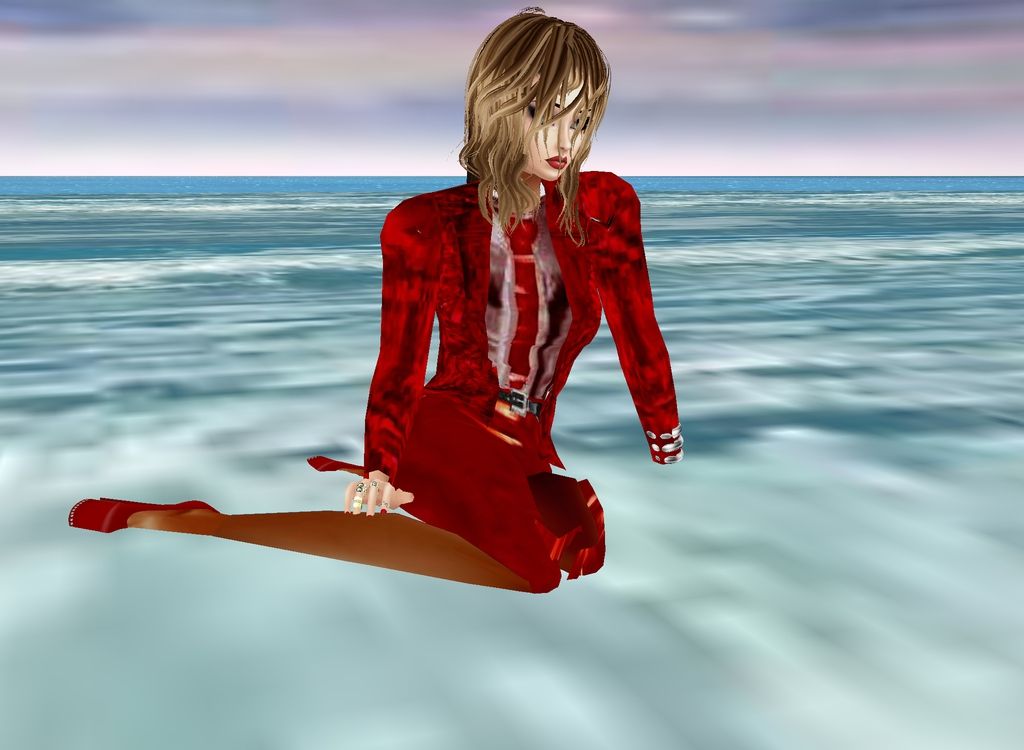 photo-realistic image of  glamorous woman with red lipstick  wearing wet  red skirt-suit and tie with wet stockings, high heels, wet blond h...